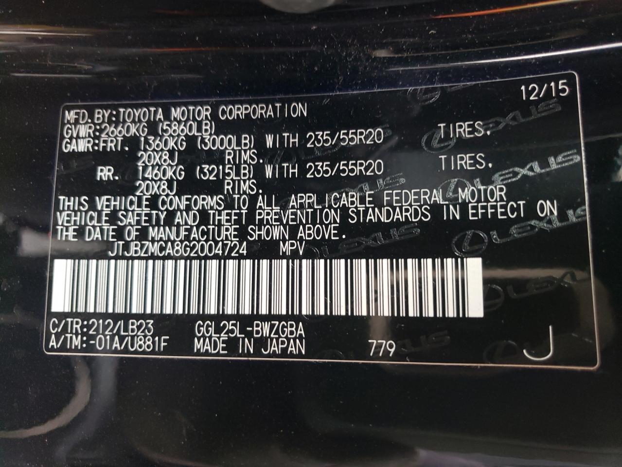 2016 Lexus RX VIN JTJBZMCA8G2004724 Copart auction photo, front end / side damage thumbnail 13