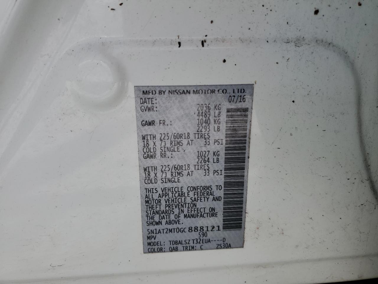 2016 Nissan Rogue VIN 5N1AT2MT0GC888121 Copart auction photo, water/flood damage thumbnail 14