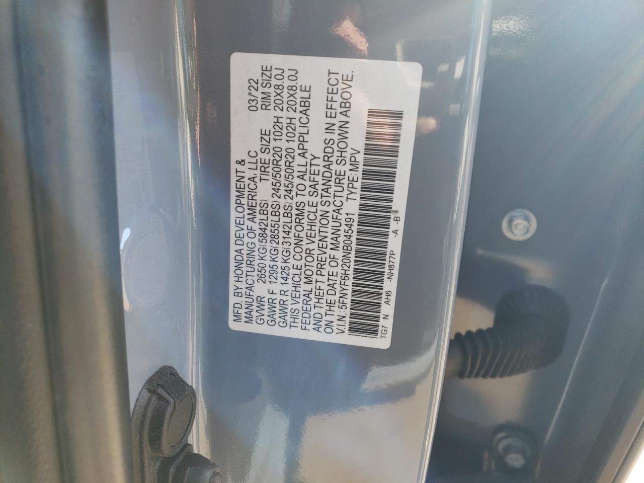 2022 Honda Pilot VIN 5FNYF6H20NB045491 Copart auction photo, all over damage thumbnail 13