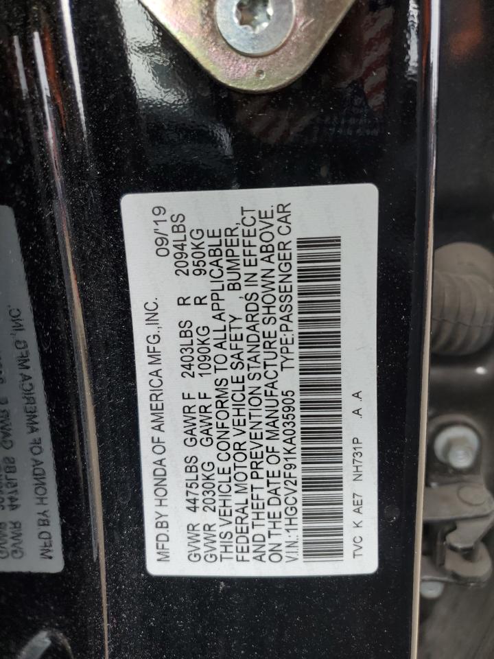 2019 Honda Accord VIN 1HGCV2F91KA035905 Copart auction photo, rear end damage thumbnail 14