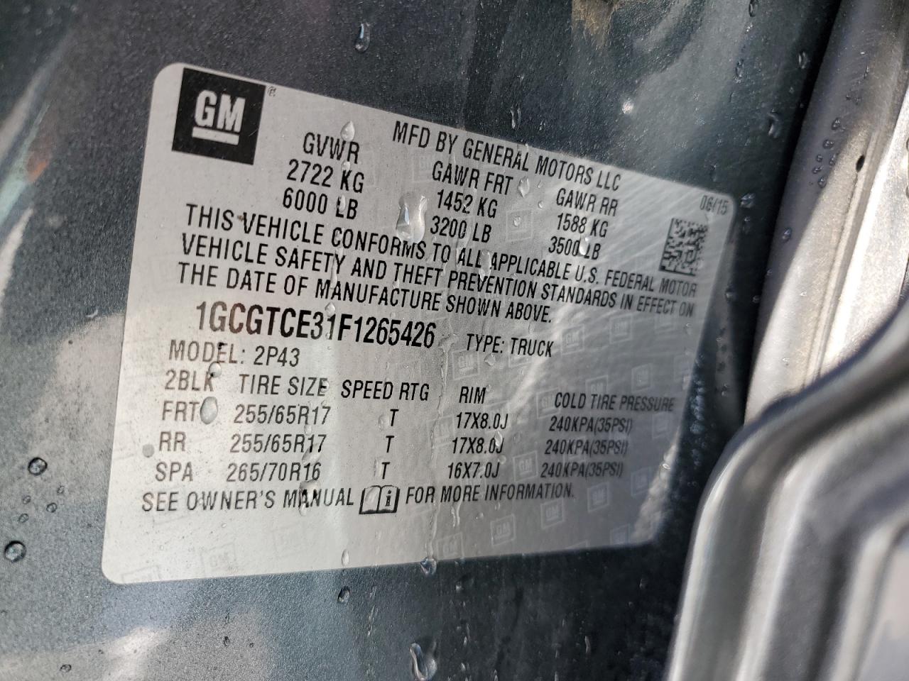2015 Chevrolet Colorado VIN 1GCGTCE31F1265426 Copart auction photo, rear end damage thumbnail 13