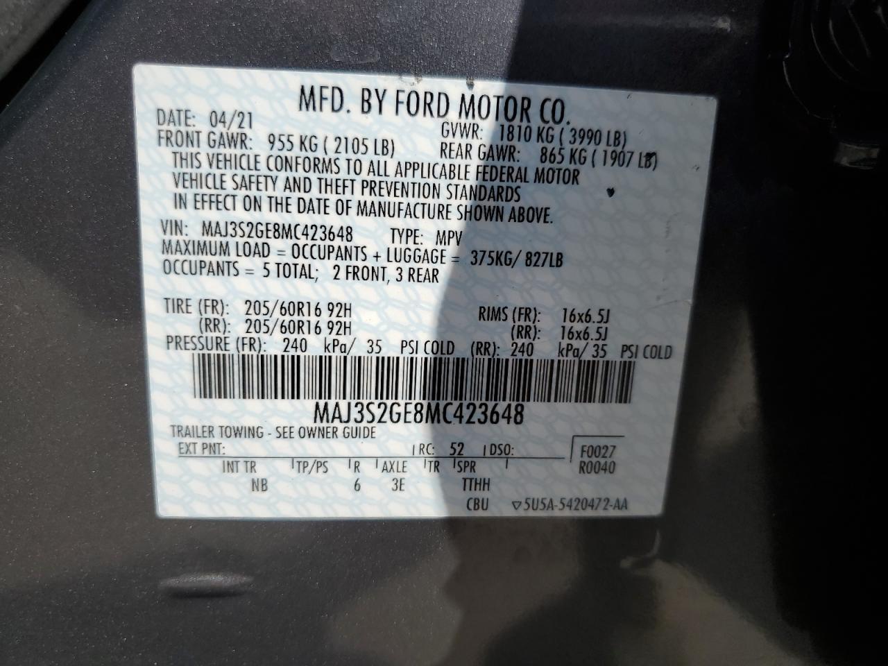 2021 Ford EcoSport VIN MAJ3S2GE8MC423648 Copart auction photo, frame damage / front end damage thumbnail 13