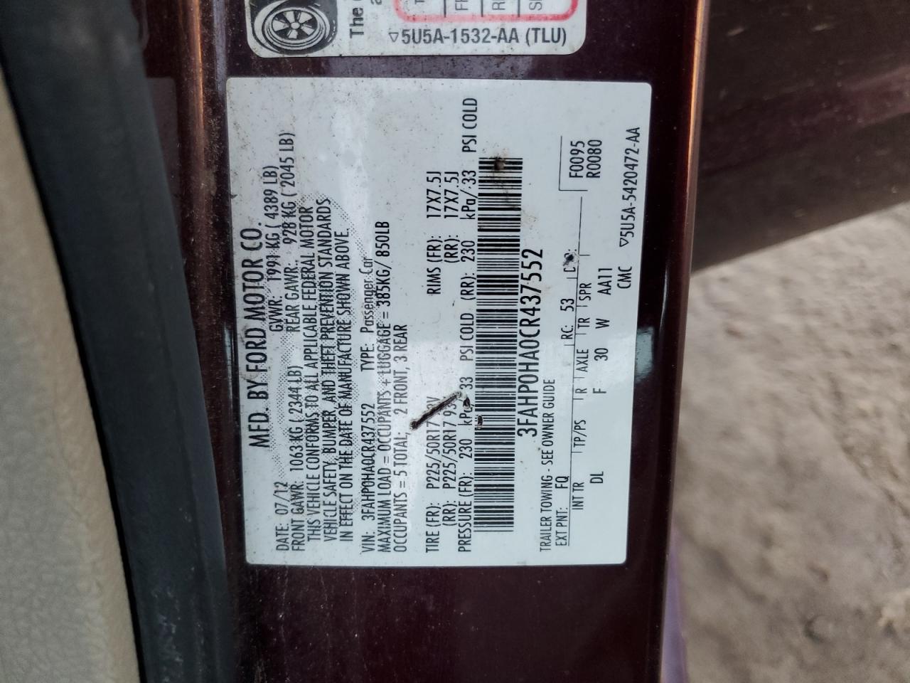 2012 Ford Fusion VIN 3FAHP0HA0CR437552 Copart auction photo, rear end / side damage thumbnail 14