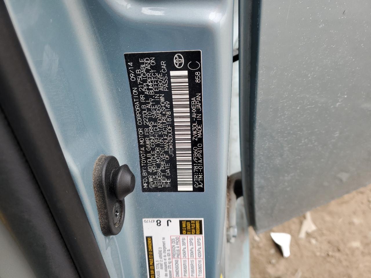 2015 Toyota Prius VIN JTDKN3DU0F1878149 Copart auction photo, front end / rear end damage thumbnail 15
