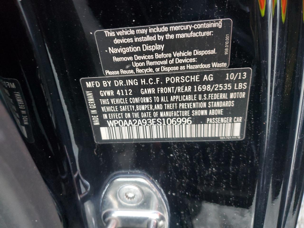 2014 Porsche 911 VIN WP0AA2A93ES106996 Copart auction photo, all over damage thumbnail 10