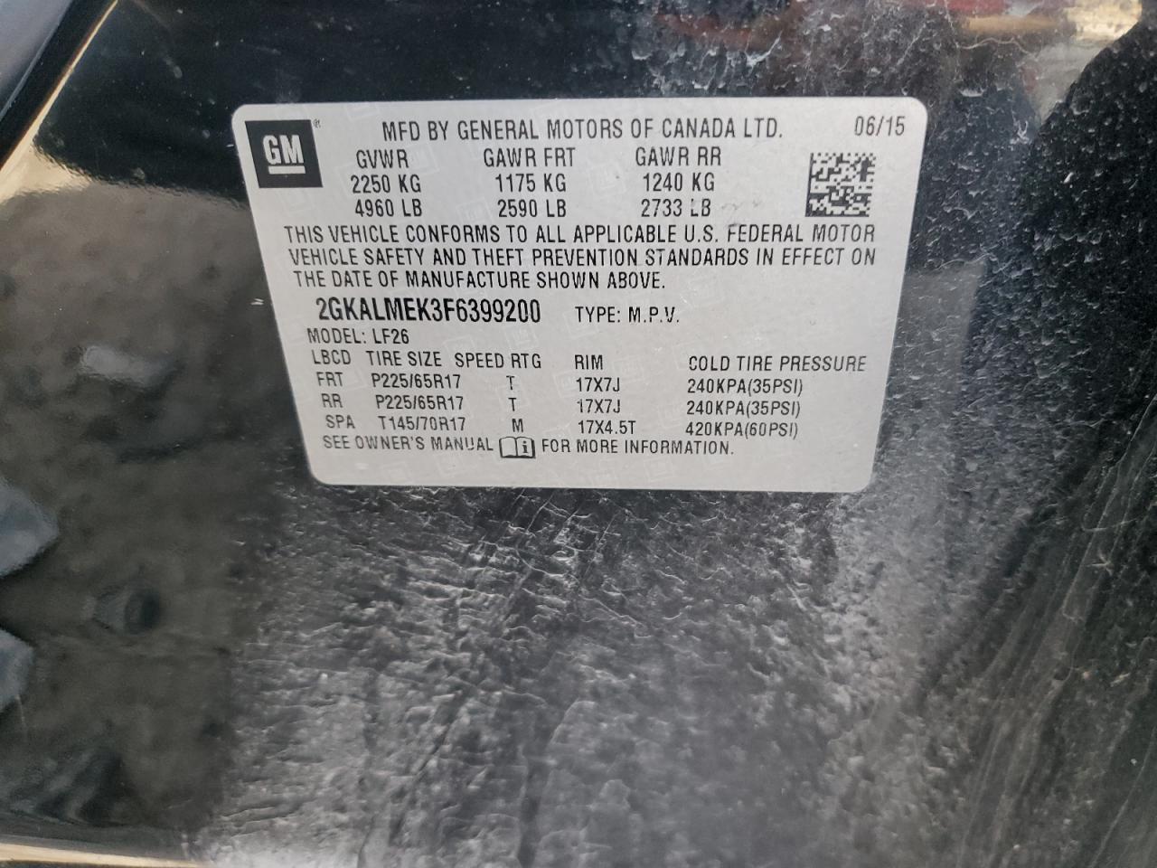 2015 GMC Terrain VIN 2GKALMEK3F6399200 Copart auction photo, front end damage thumbnail 12
