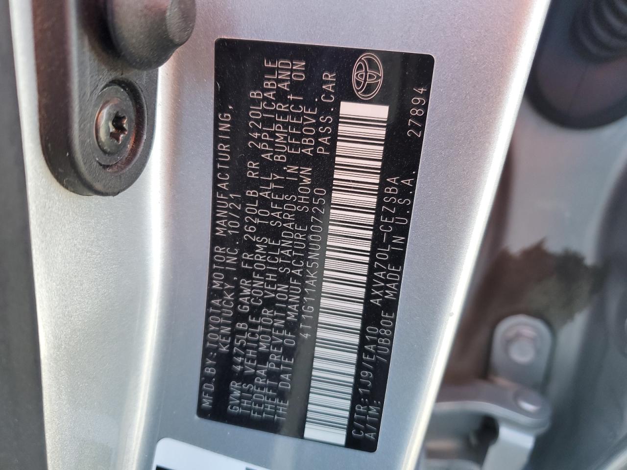 2022 Toyota Camry VIN 4T1G11AK5NU007250 Copart auction photo, front end damage thumbnail 14