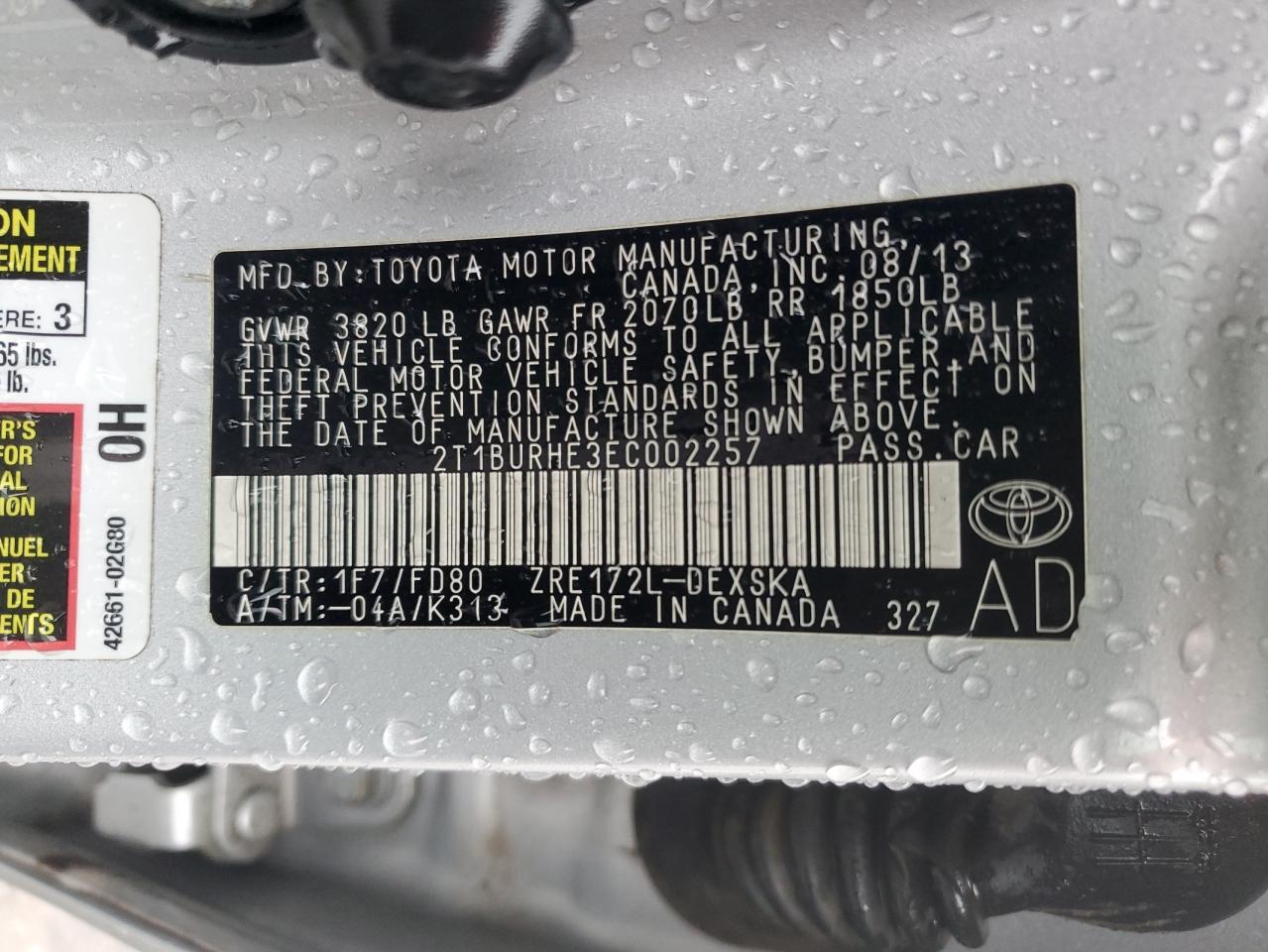 2014 Toyota Corolla VIN 2T1BURHE3EC002257 Copart auction photo, side / rear end damage thumbnail 12