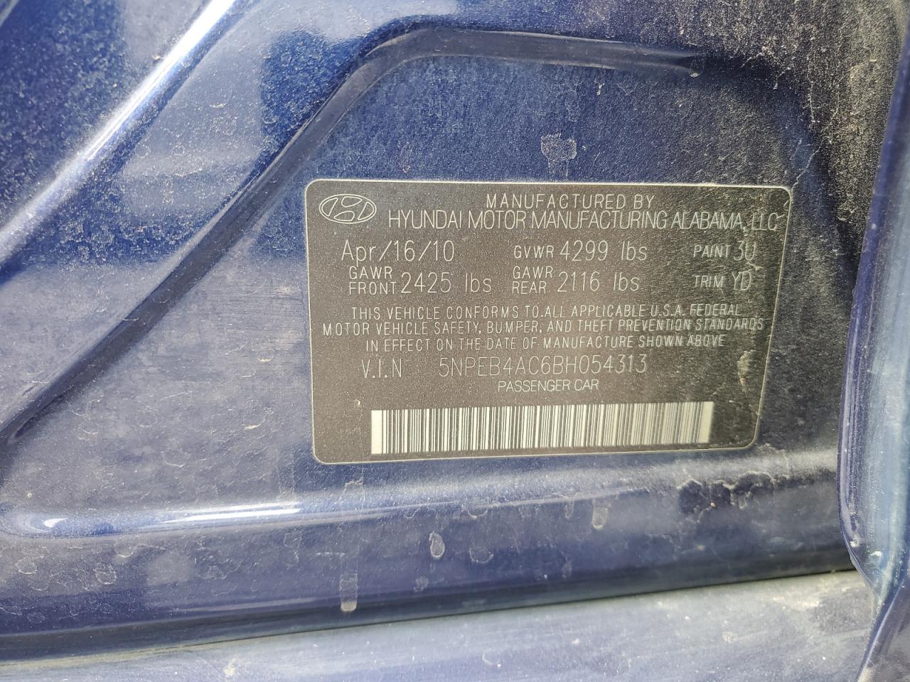 2011 Hyundai Sonata VIN 5NPEB4AC6BH054313 Copart auction photo, front end damage thumbnail 14