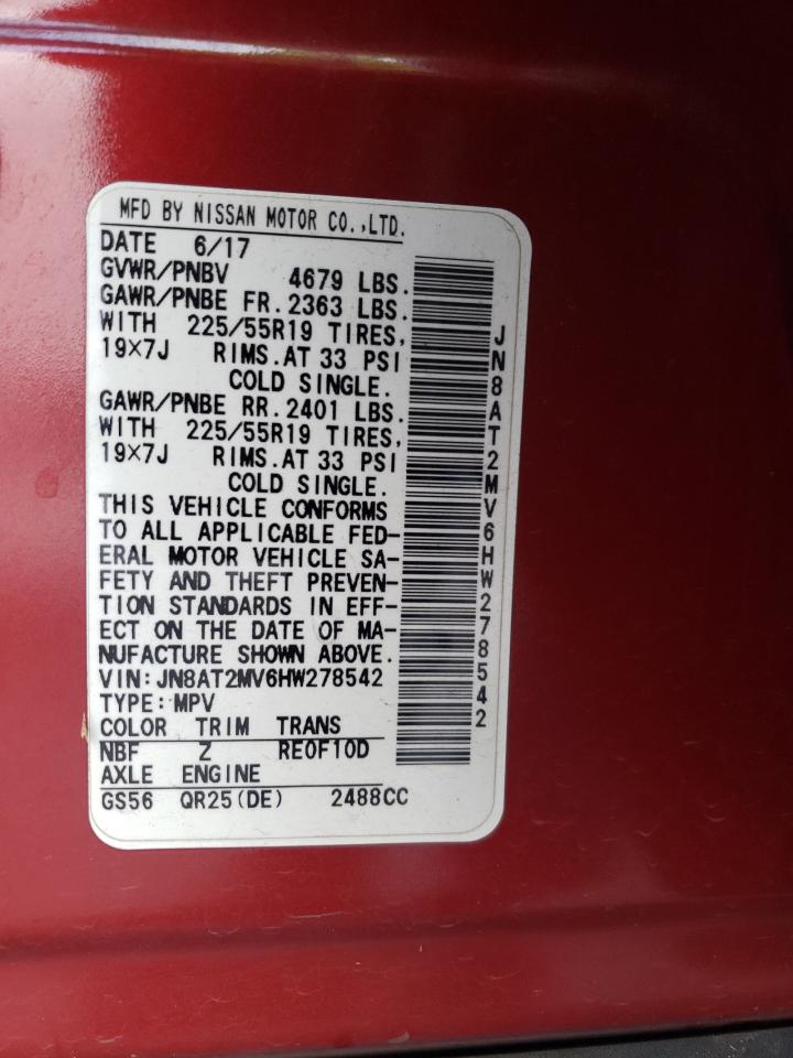 2017 Nissan Rogue VIN JN8AT2MV6HW278542 Copart auction photo, front end damage thumbnail 13