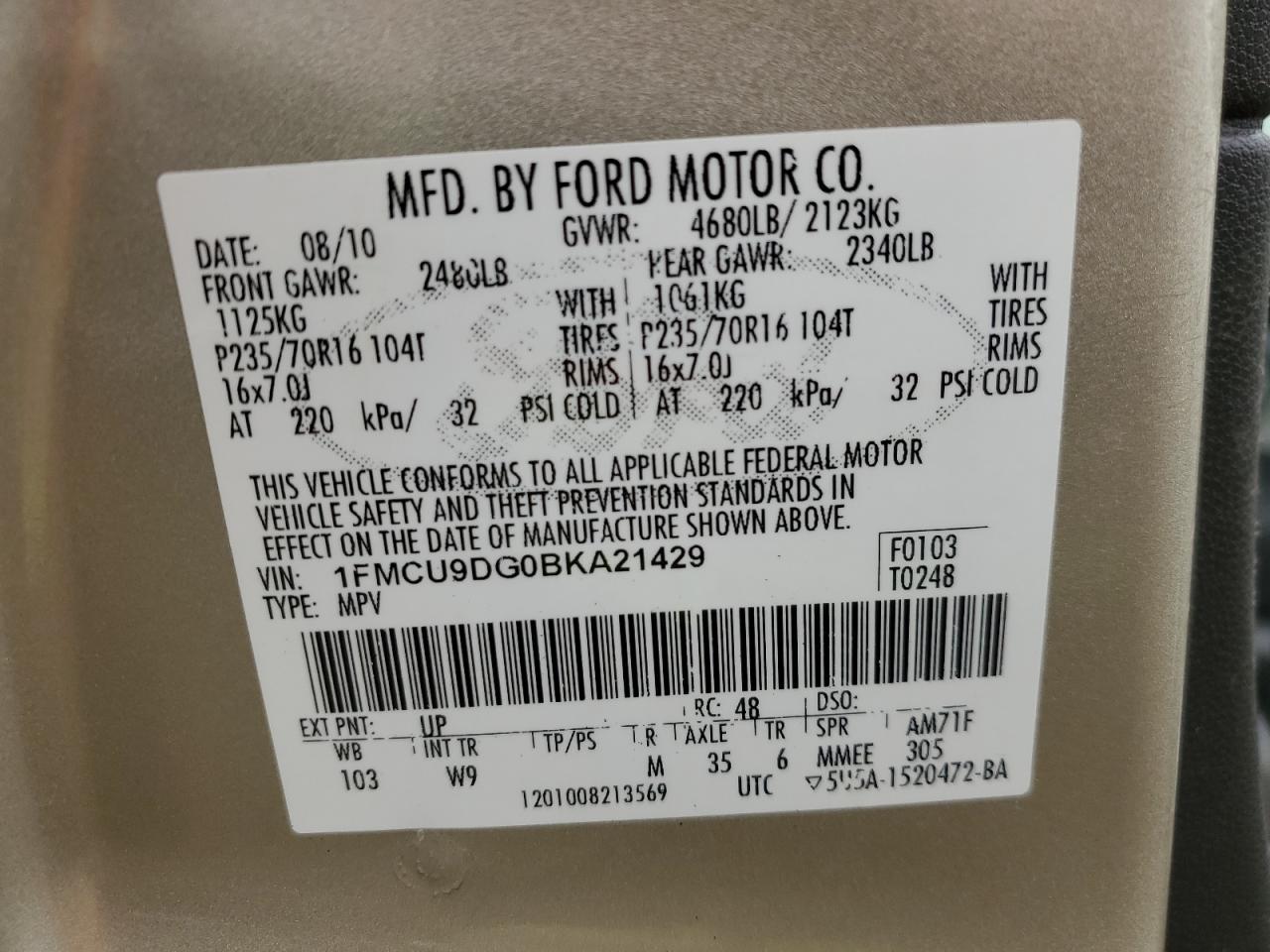 2011 Ford Escape VIN 1FMCU9DG0BKA21429 Copart auction photo, front end / mechanical damage thumbnail 13