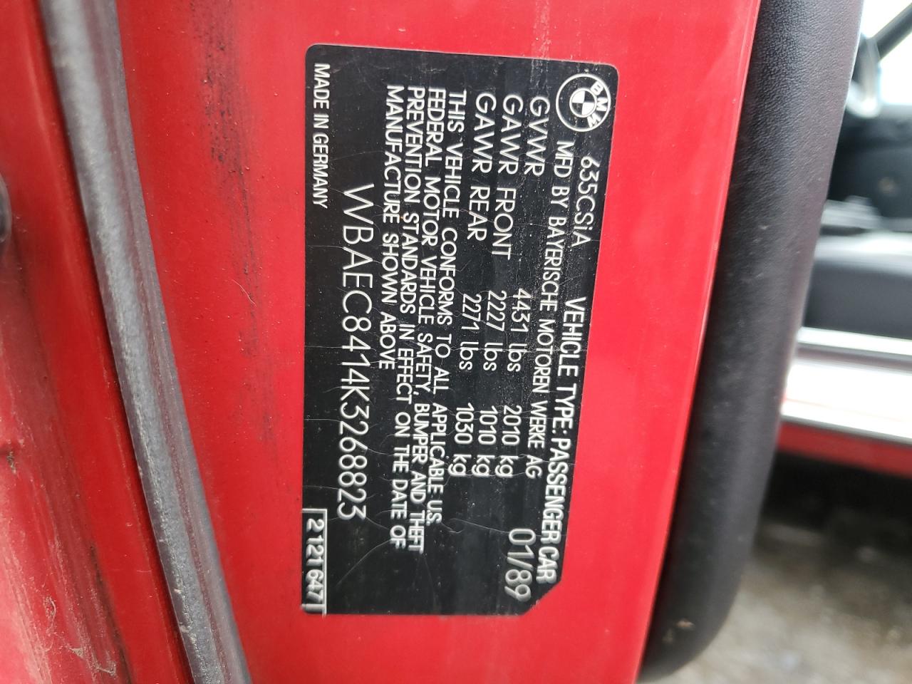 1989 BMW 6er VIN WBAEC8414K3268823 Copart auction photo, mechanical / minor dent/scratches damage thumbnail 12