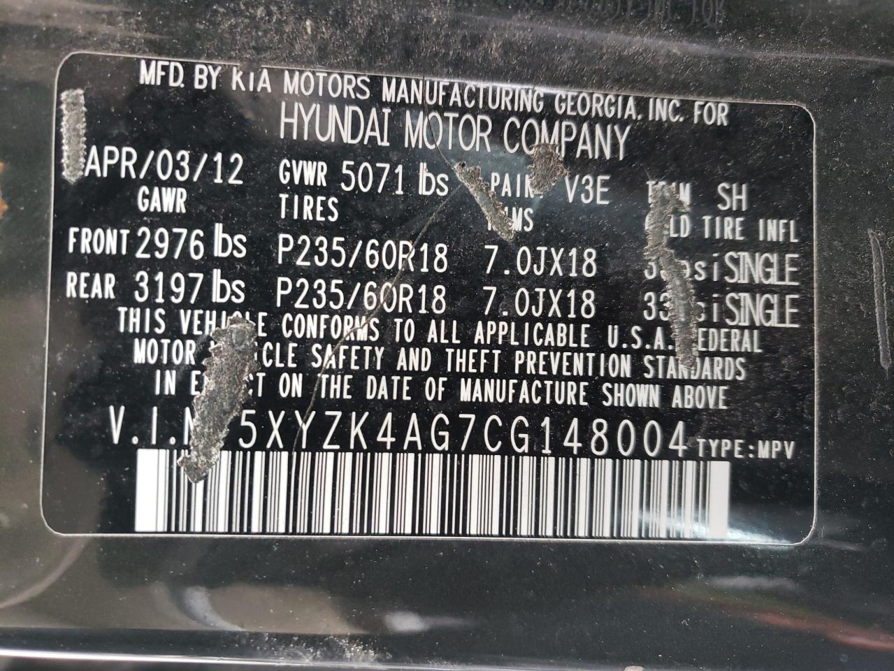 2012 Hyundai Santa Fe VIN 5XYZK4AG7CG148004 Copart auction photo, side / hail damage thumbnail 13