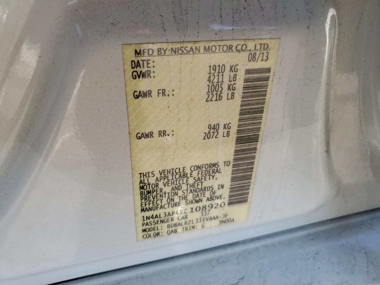 2014 Nissan Altima VIN 1N4AL3AP4EC108920 Copart auction photo, front end / rear end damage thumbnail 12