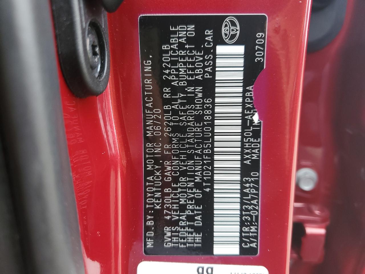2020 Toyota Avalon VIN 4T1D21FB5LU018836 Copart auction photo, front end / rear end damage thumbnail 12