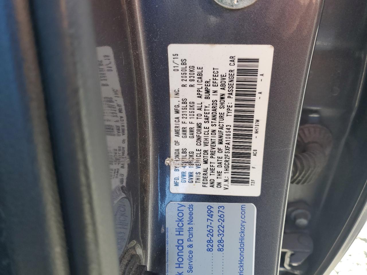 2015 Honda Accord VIN 1HGCR2F5XFA106543 Copart auction photo, front end damage thumbnail 12