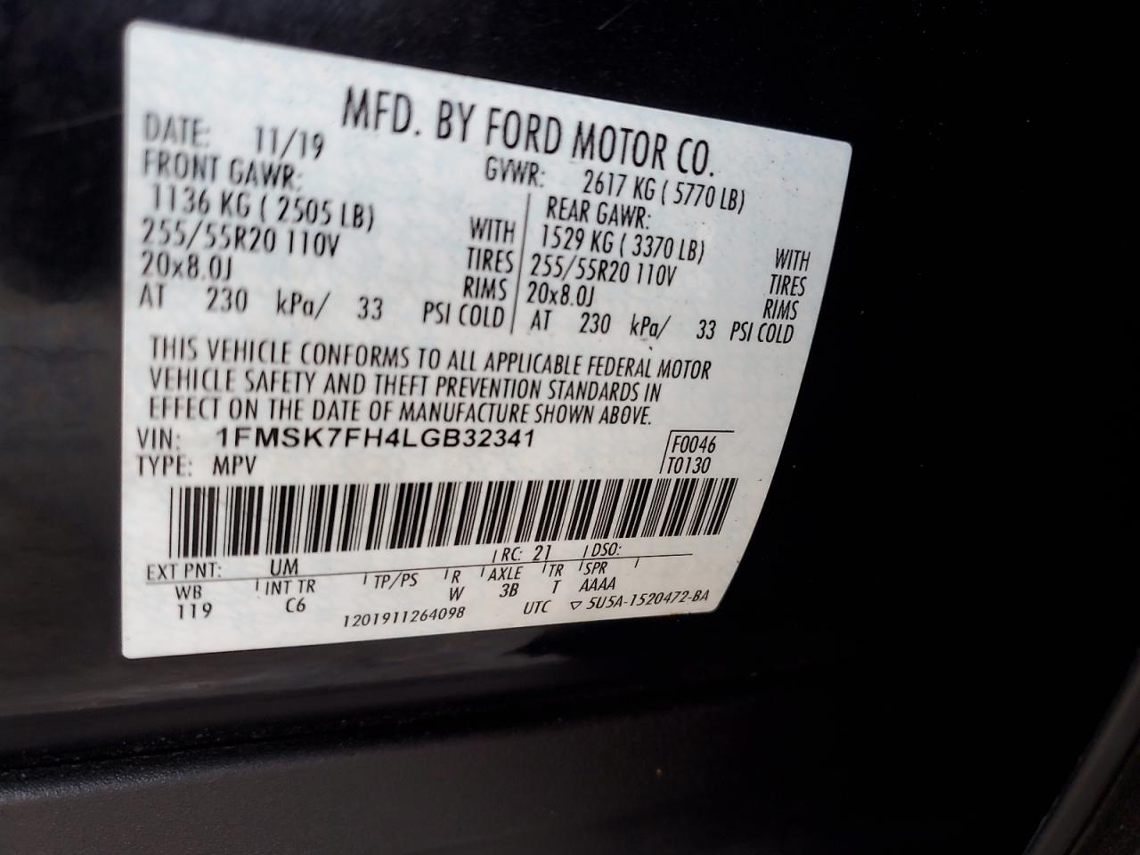 2020 Ford Explorer VIN 1FMSK7FH4LGB32341 Copart auction photo, front end damage thumbnail 14