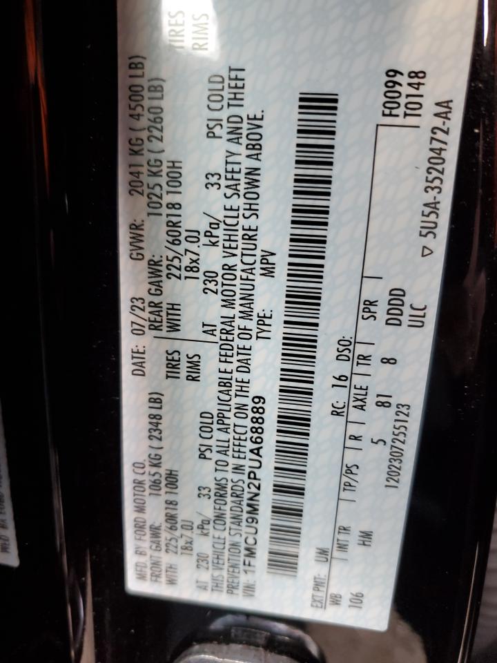 2023 Ford Escape VIN 1FMCU9MN2PUA68889 Copart auction photo, front end / side damage thumbnail 15