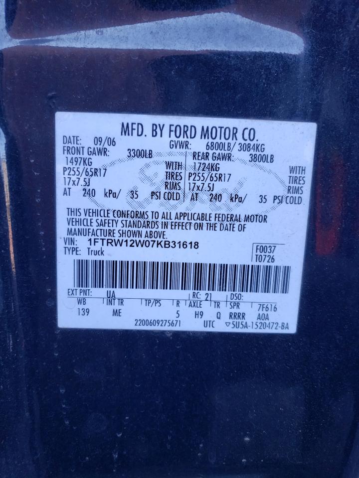 2007 Ford F-150 VIN 1FTRW12W07KB31618 Copart auction photo, front end damage thumbnail 12