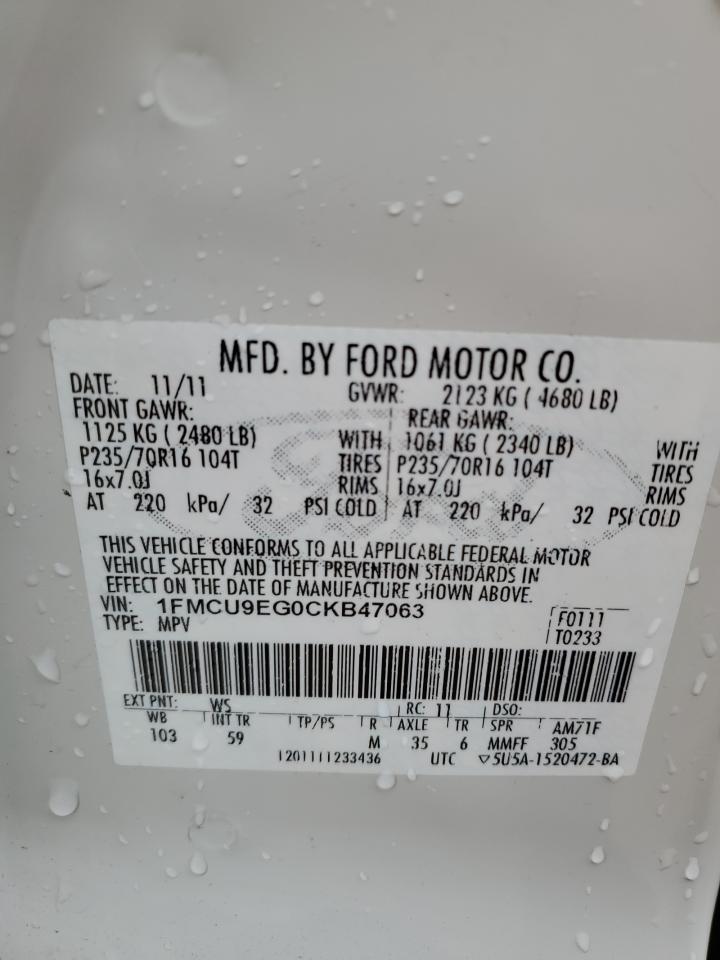 2012 Ford Escape VIN 1FMCU9EG0CKB47063 Copart auction photo, front end damage thumbnail 13