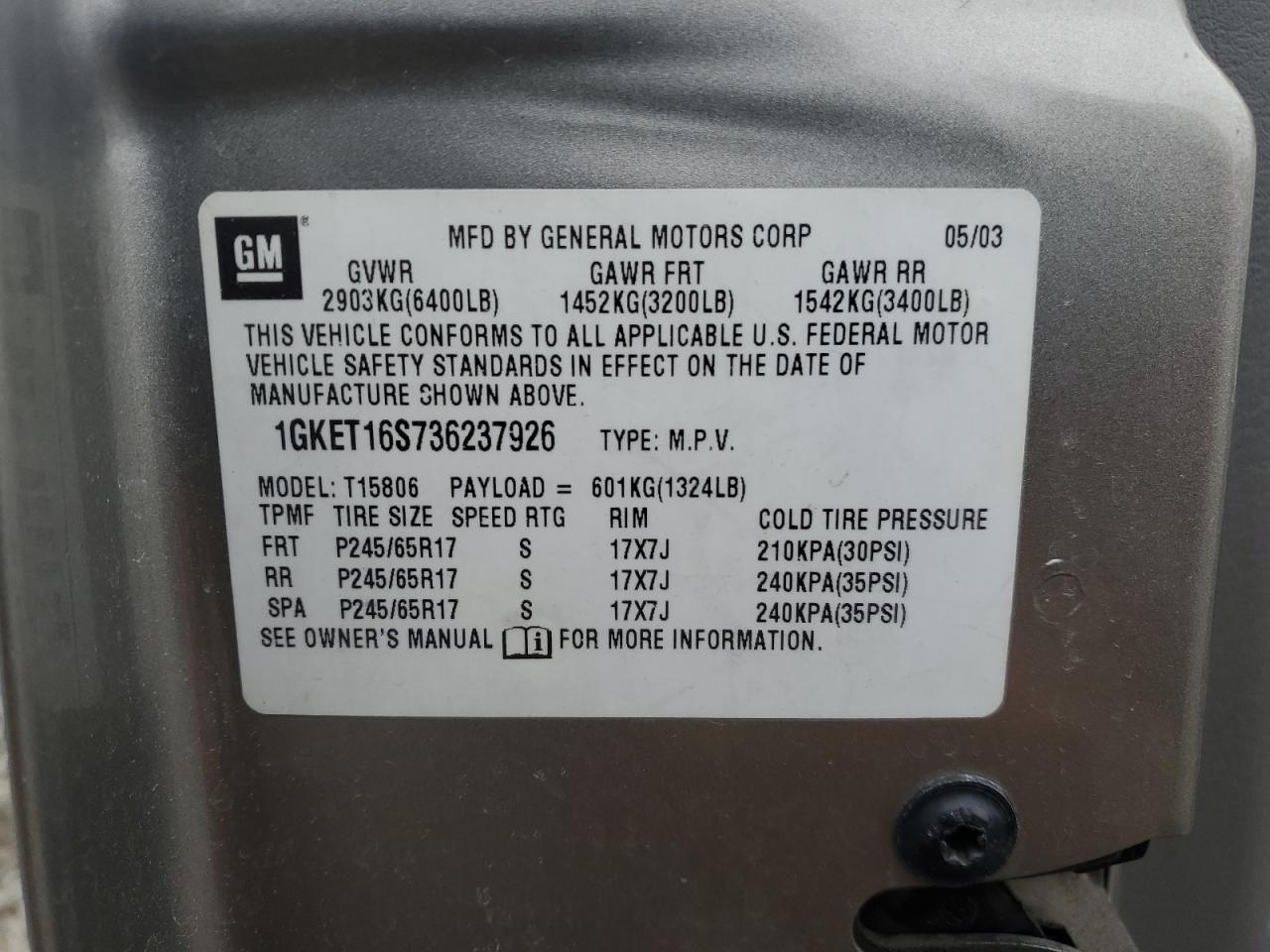 2003 GMC Envoy VIN 1GKET16S736237926 Copart auction photo, rear end damage thumbnail 13