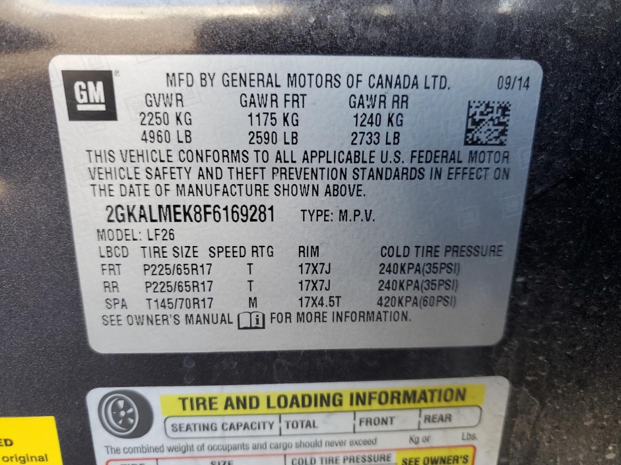 2015 GMC Terrain VIN 2GKALMEK8F6169281 Copart auction photo, rear end damage thumbnail 12
