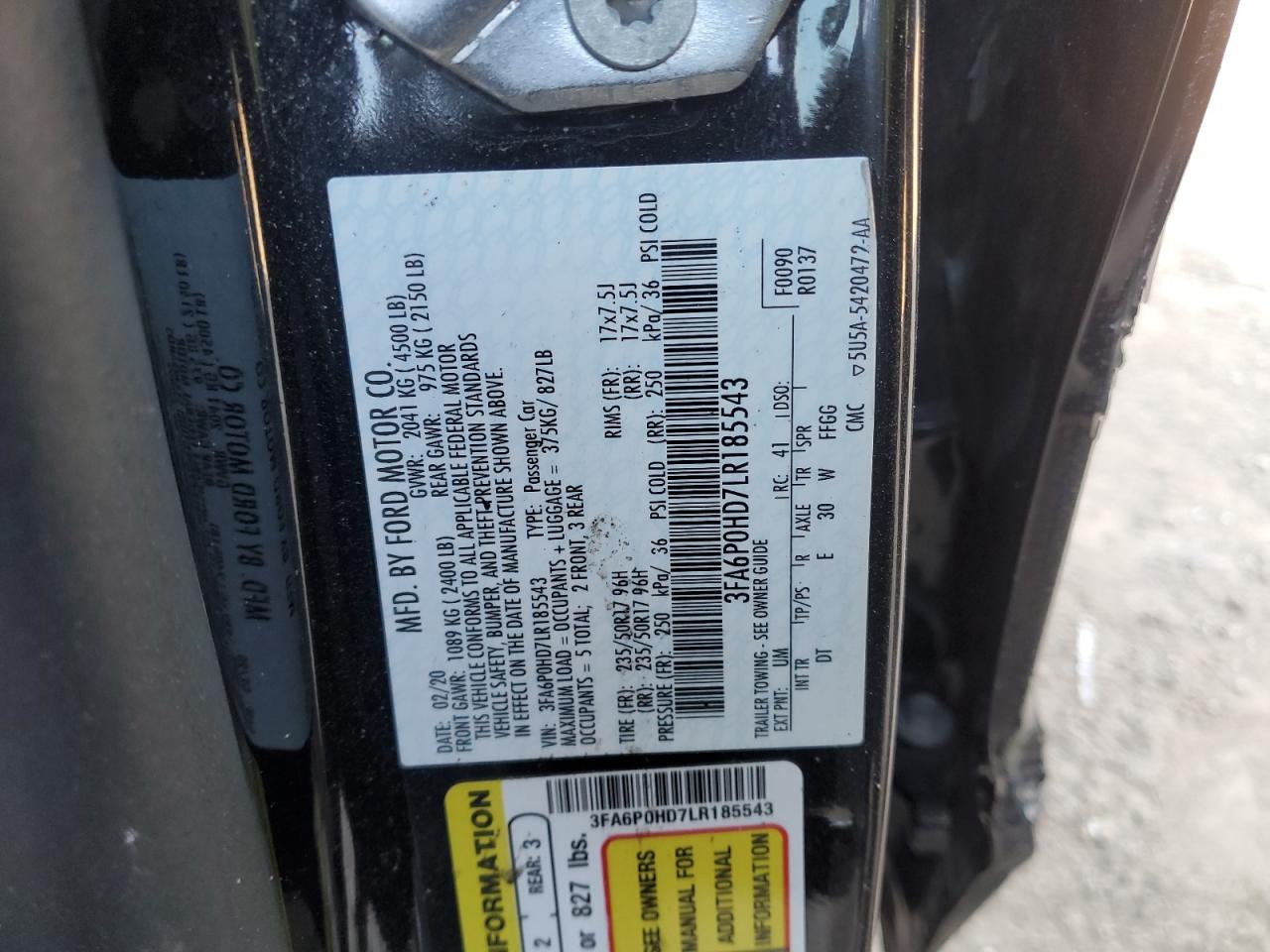 2020 Ford Fusion VIN 3FA6P0HD7LR185543 Copart auction photo, all over damage thumbnail 13
