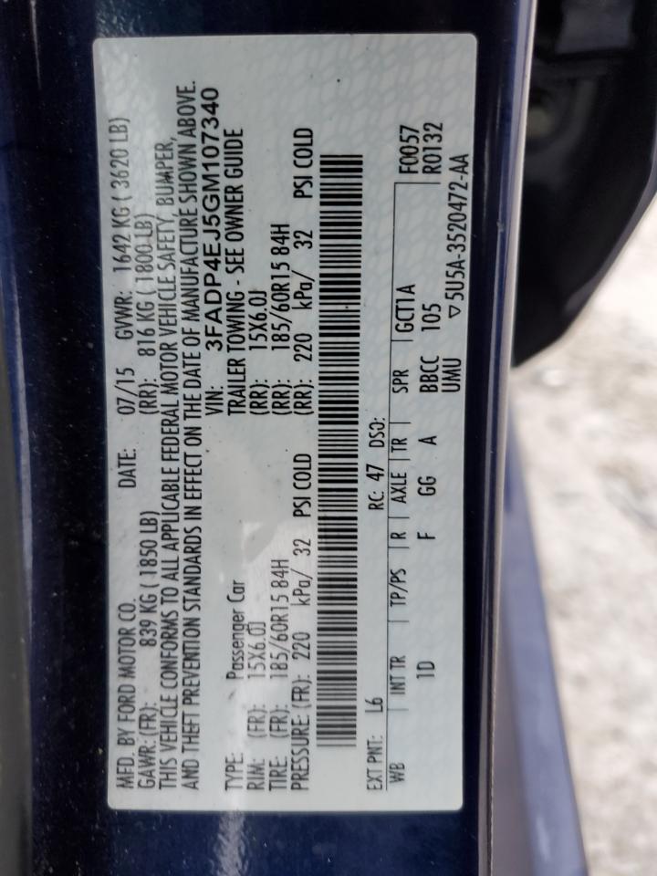 2016 Ford Fiesta VIN 3FADP4EJ5GM107340 Copart auction photo, front end / side damage thumbnail 15