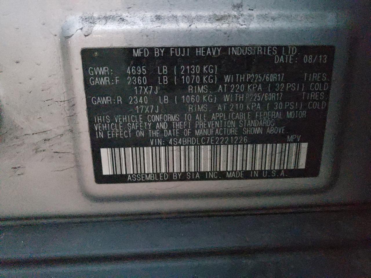 2014 Subaru Outback VIN 4S4BRDLC7E2221226 Copart auction photo, front end damage thumbnail 14