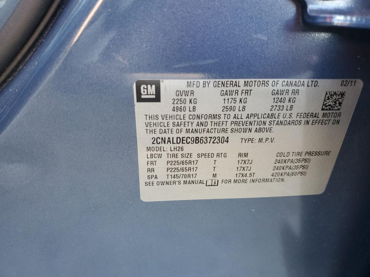 2011 Chevrolet Equinox VIN 2CNALDEC9B6372304 Copart auction photo, mechanical / front end damage thumbnail 15