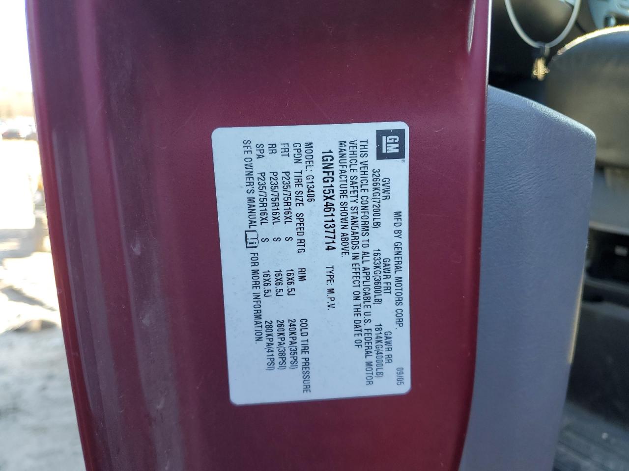 2006 Chevrolet Express VIN 1GNFG15X461137714 Copart auction photo, rear end damage thumbnail 13