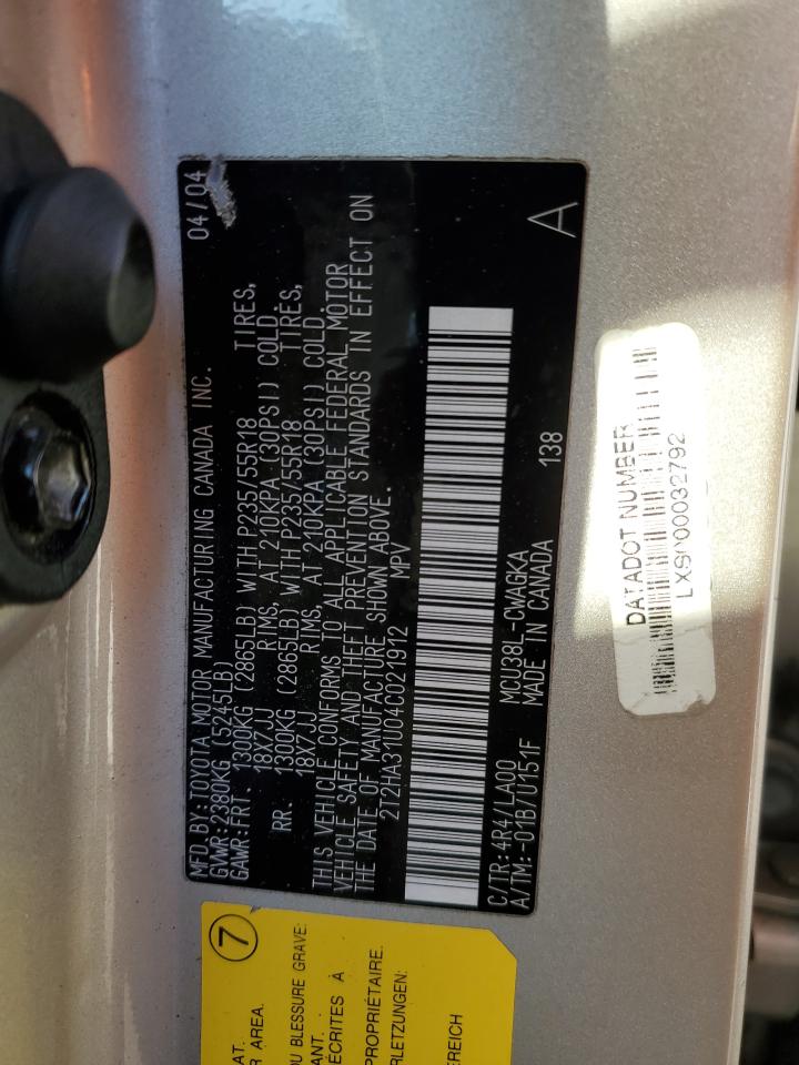 2004 Lexus RX VIN 2T2HA31U04C021912 Copart auction photo, rear end / minor dent/scratches damage thumbnail 13