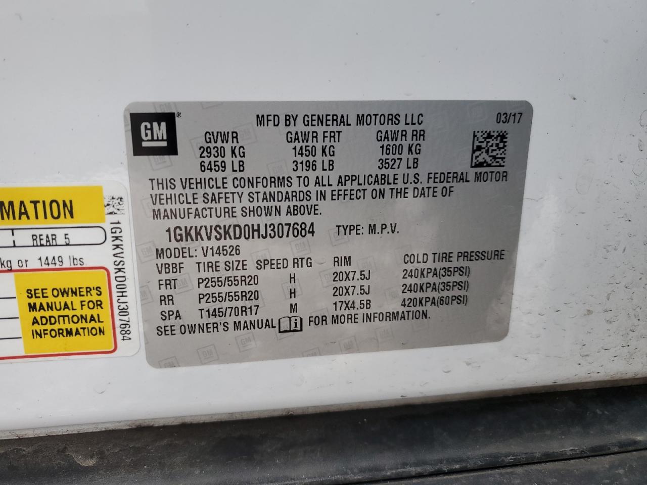 2017 GMC Acadia VIN 1GKKVSKD0HJ307684 Copart auction photo, minor dent/scratches damage thumbnail 15