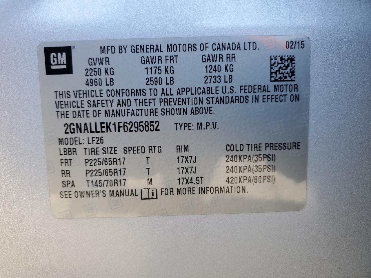 2015 Chevrolet Equinox VIN 2GNALLEK1F6295852 Copart auction photo, rear end damage thumbnail 14