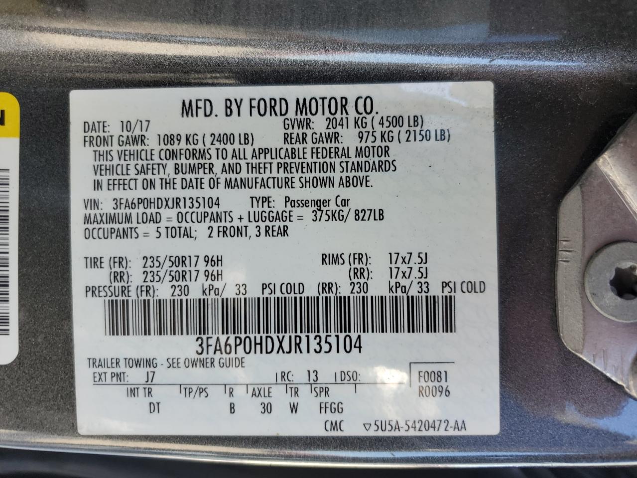 2018 Ford Fusion VIN 3FA6P0HDXJR135104 Copart auction photo, normal wear / minor dent/scratches damage thumbnail 12
