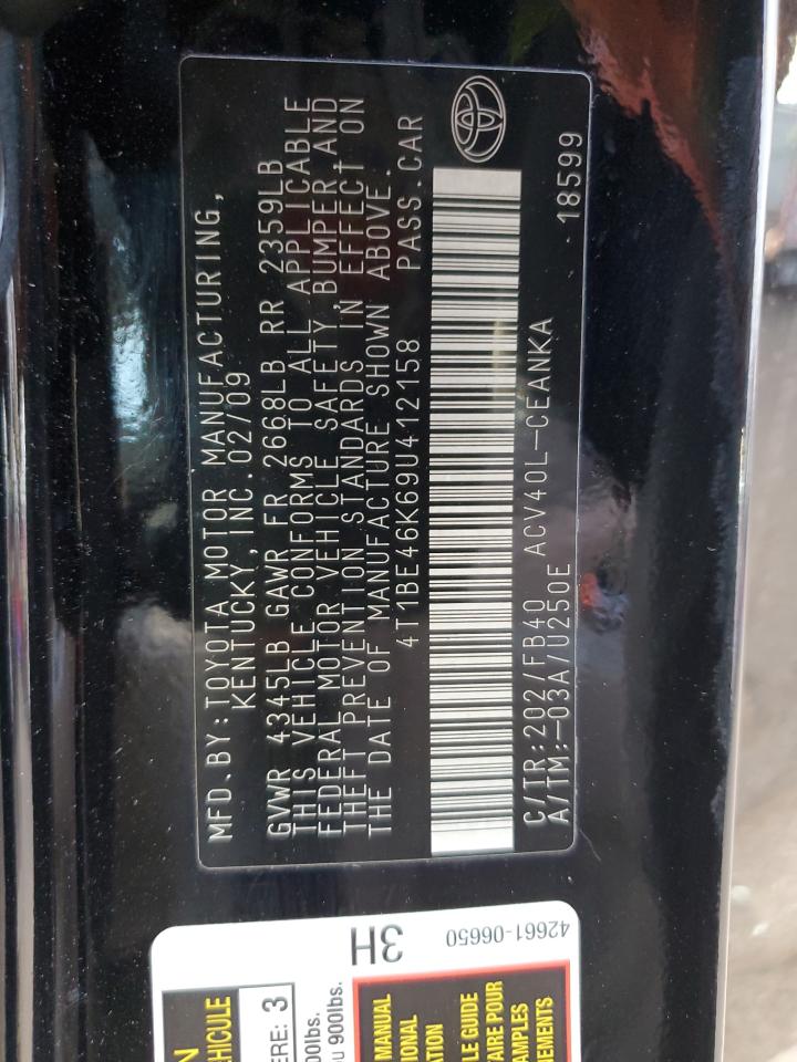 2009 Toyota Camry VIN 4T1BE46K69U412158 Copart auction photo, all over / minor dent/scratches damage thumbnail 13