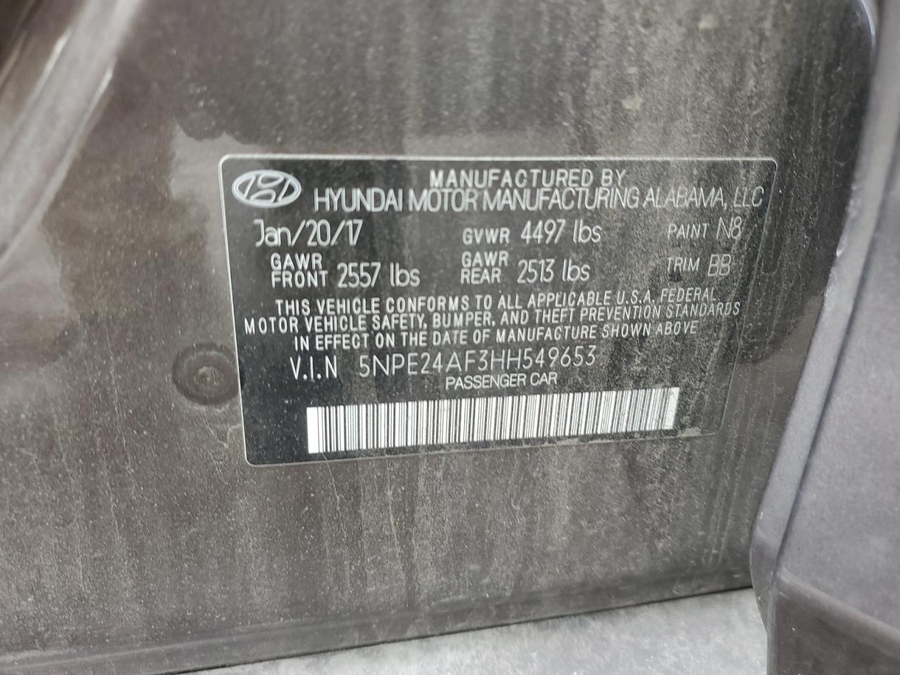 2017 Hyundai Sonata VIN 5NPE24AF3HH549653 Copart auction photo, front end / rear end damage thumbnail 12