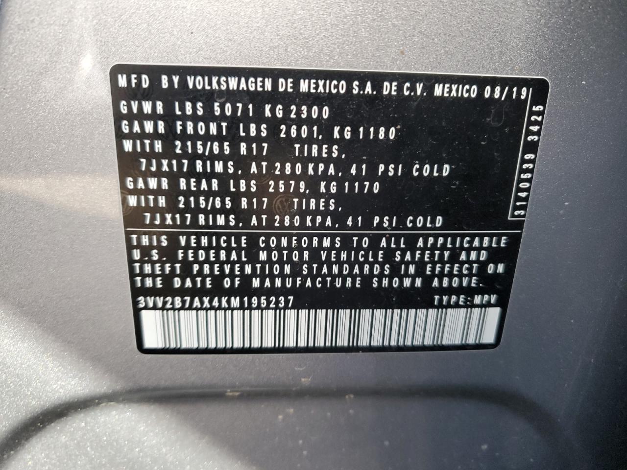 2019 Volkswagen Tiguan VIN 3VV2B7AX4KM195237 Copart auction photo, front end damage thumbnail 13