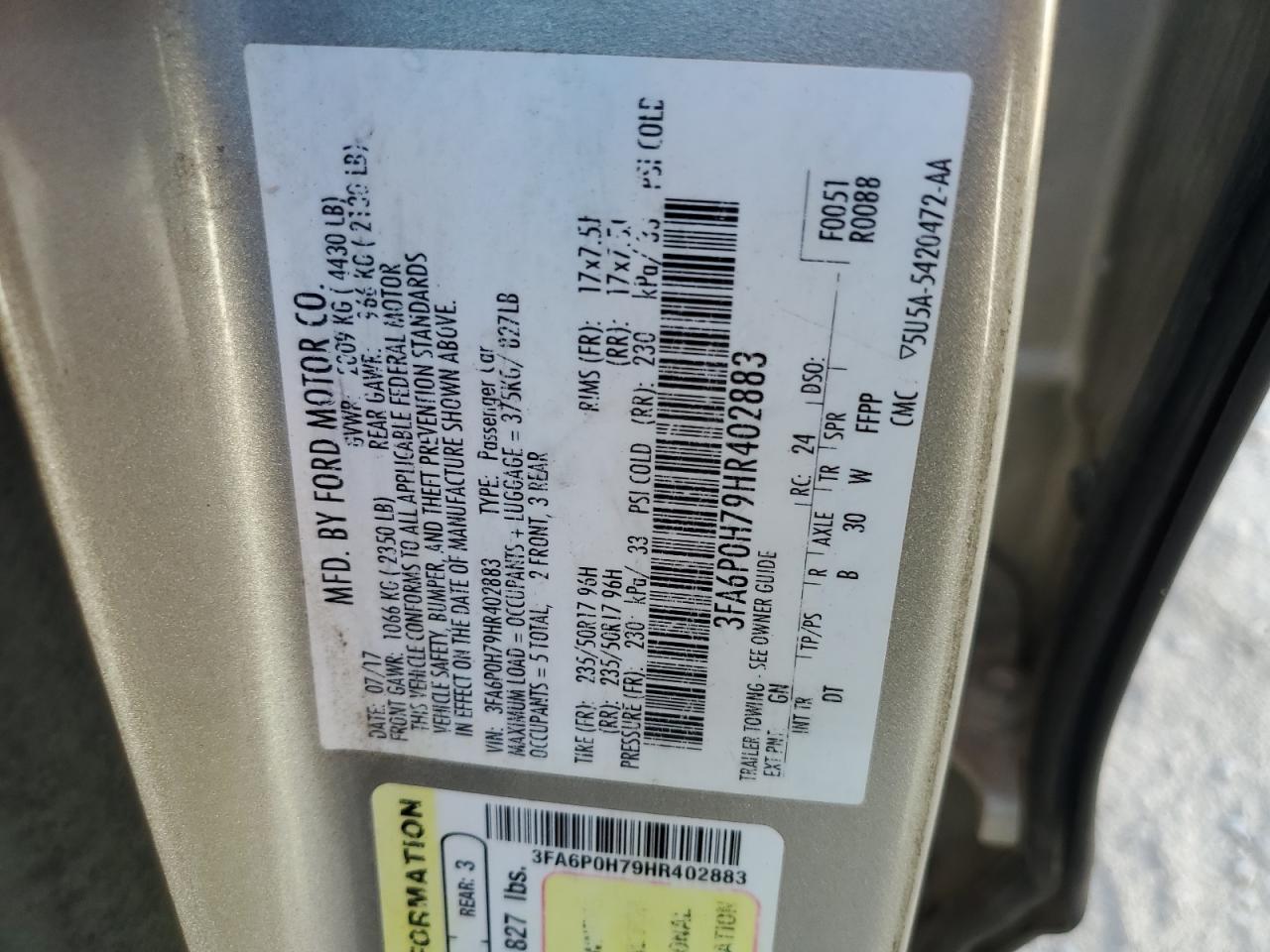 2017 Ford Fusion VIN 3FA6P0H79HR402883 Copart auction photo, front end damage thumbnail 14