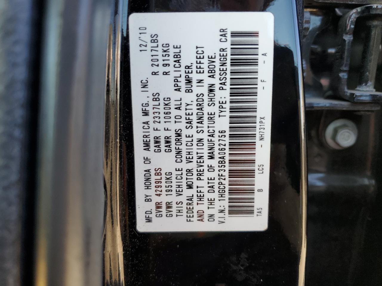 2011 Honda Accord VIN 1HGCP2F35BA062756 Copart auction photo, rear end damage thumbnail 12