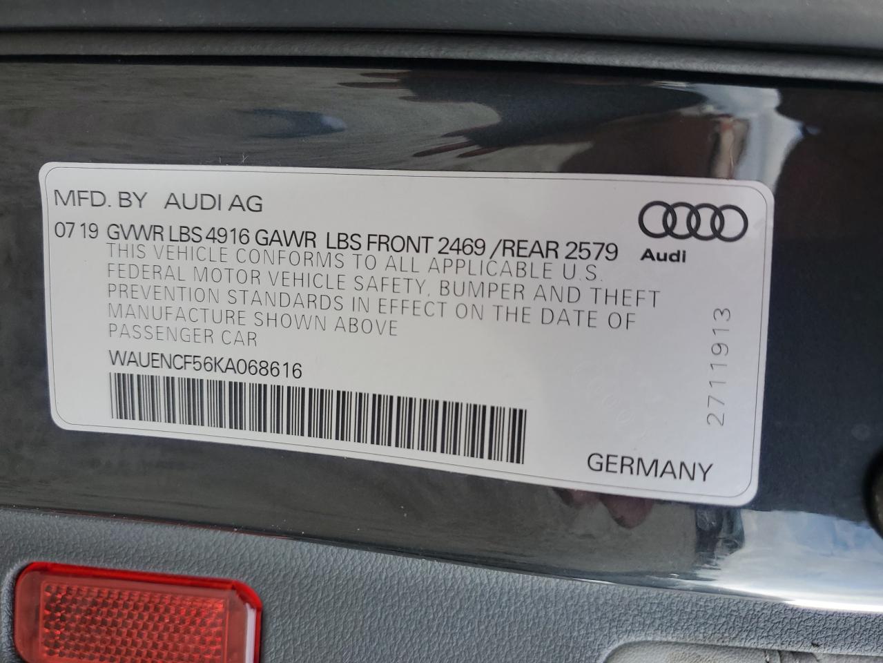 2019 Audi A5 VIN WAUENCF56KA068616 Copart auction photo, water/flood damage thumbnail 13