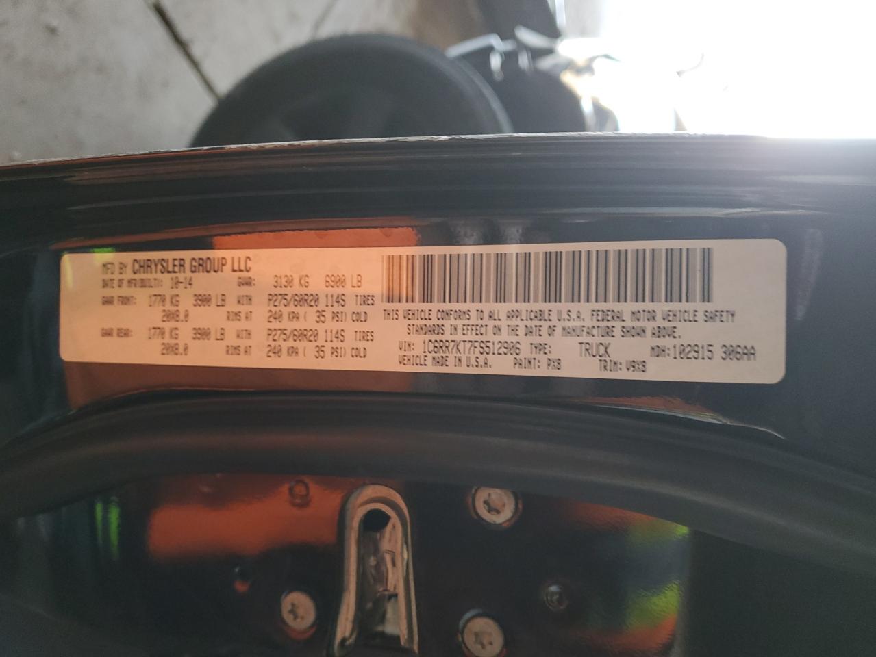 2015 RAM 1500 VIN 1C6RR7KT7FS512906 Copart auction photo, front end damage thumbnail 15