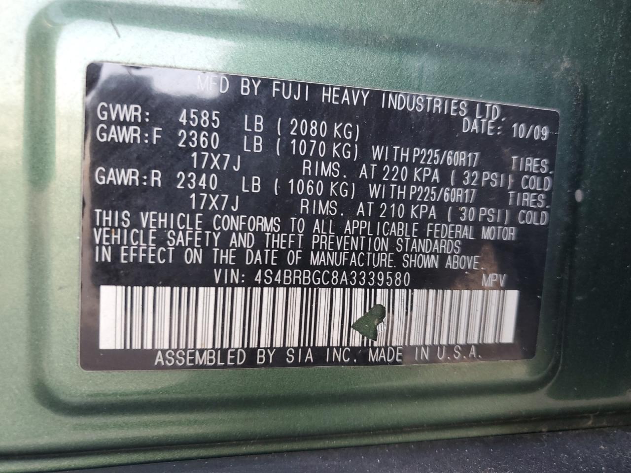 2010 Subaru Outback VIN 4S4BRBGC8A3339580 Copart auction photo, rear end damage thumbnail 14