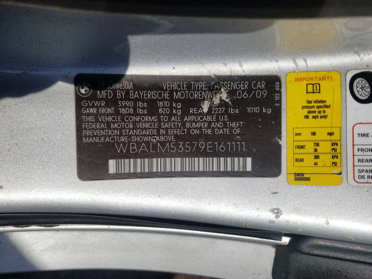 2009 BMW Z4 VIN WBALM53579E161111 Copart auction photo, mechanical / front end damage thumbnail 12