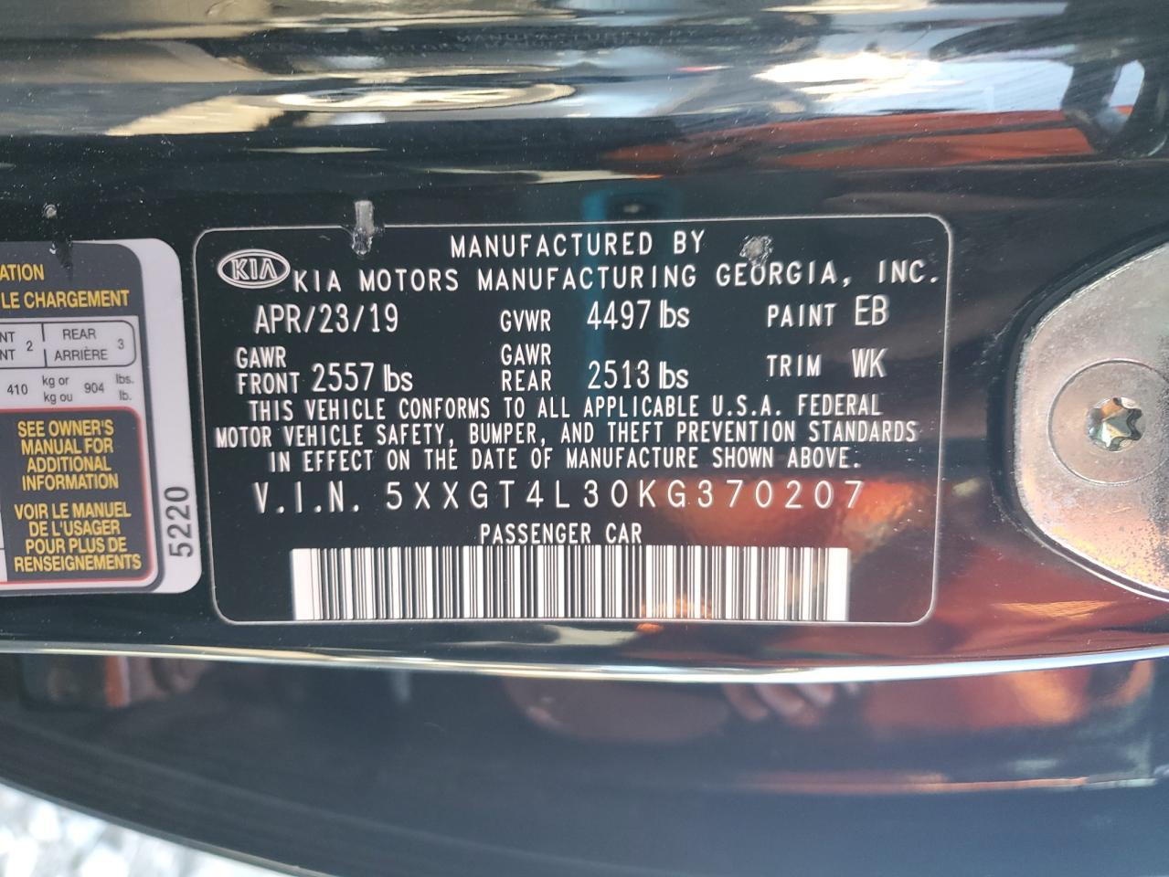 2019 KIA Optima VIN 5XXGT4L30KG370207 Copart auction photo, front end / undercarriage damage thumbnail 12