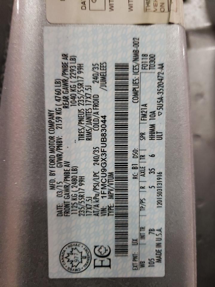 2015 Ford Escape VIN 1FMCU9GX3FUB83044 Copart auction photo, side / front end damage thumbnail 14