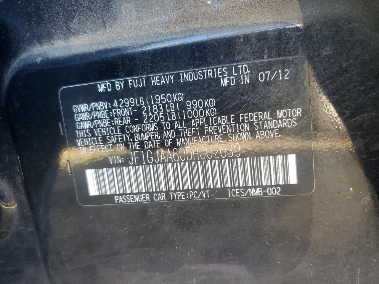 2013 Subaru Impreza VIN JF1GJAA60DH002039 Copart auction photo, front end / rear end damage thumbnail 12