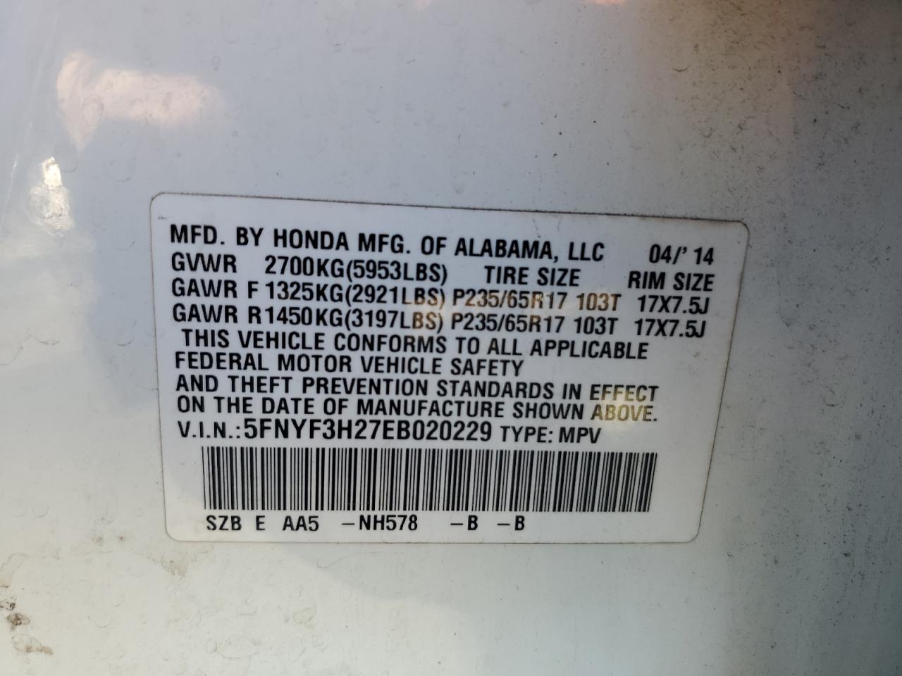 2014 Honda Pilot VIN 5FNYF3H27EB020229 Copart auction photo, front end damage thumbnail 13