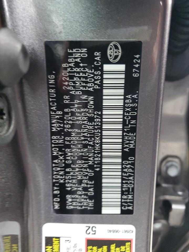 2019 Toyota Camry VIN 4T1B21HK8KU513972 Copart auction photo, side / undercarriage damage thumbnail 12