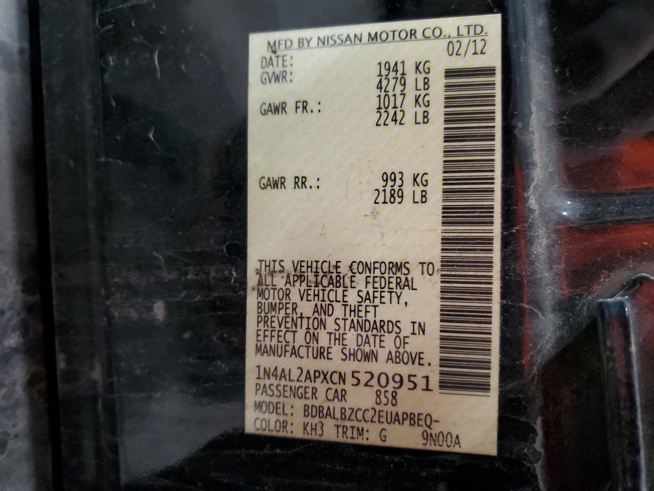 2012 Nissan Altima VIN 1N4AL2APXCN520951 Copart auction photo, side damage thumbnail 12